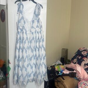 Layered with Love Elegant White and Blue Maxi  Lace Dress - Fully Lined NWT $278